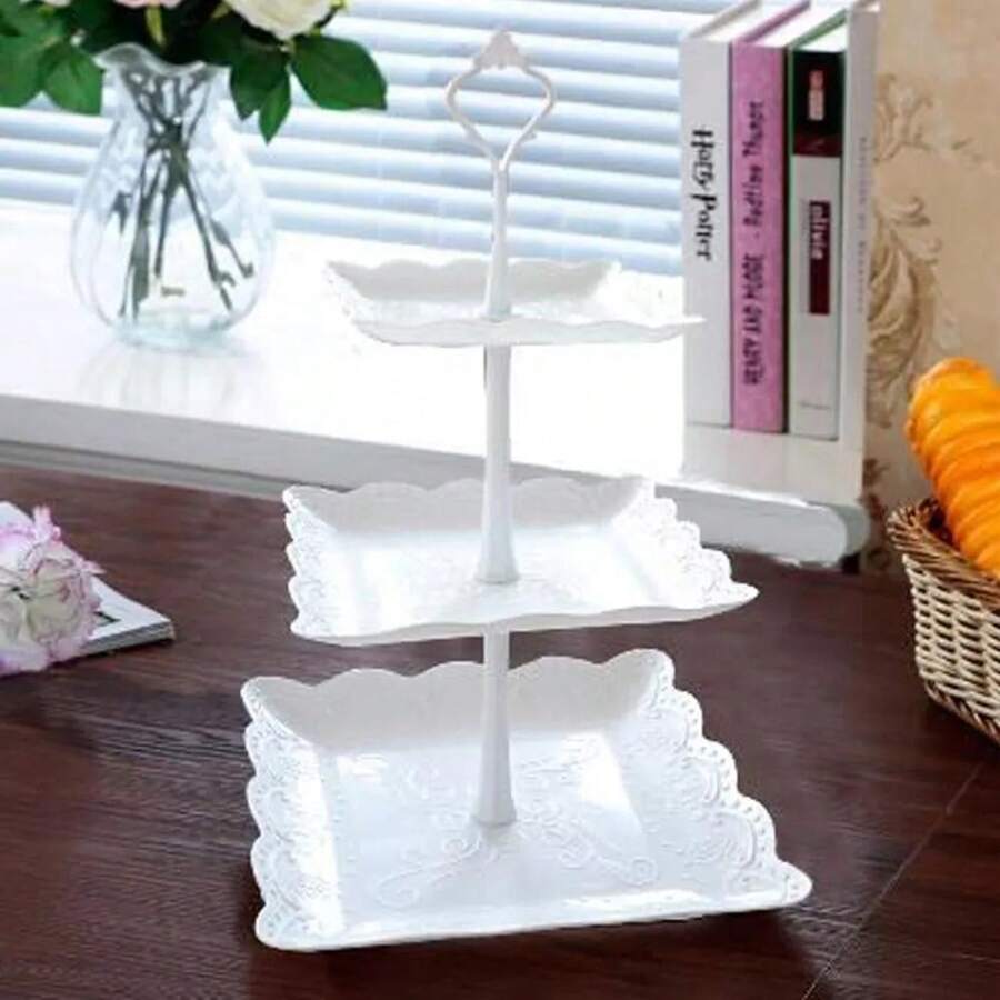 3 Tier Plastic Cake Stand Afternoon Tea Wedding Plates Party Embossed Tableware - Square - View 1