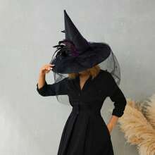 Women Halloween Witch Hat, Vintage Feather Flower Hat With Veil For Cosplay Festival Party - 黑色 - 查看 4
