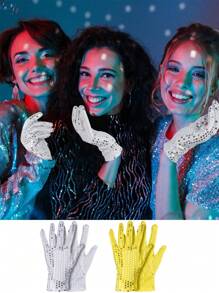 1Pair Silver Sequin Gloves Mesh Glitter Gloves Sequin Dance Gloves For Dress Costume Accessory Sequin Dance Gloves Costume Silver Glitter Short Gloves For Skating Dressing Accessory Halloween