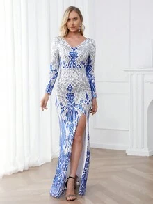 V 领闪亮多色开叉长袖连衣裙，优雅半正式舞会礼服，适合生日、婚礼嘉宾、毕业返校节