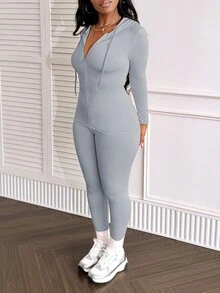 LovelyWholesale 2pcs Women Casual Hooded Long Sleeve Drawstring Zip Up Top And Slim Fit Pants Set, Autumn - Grey - View 4