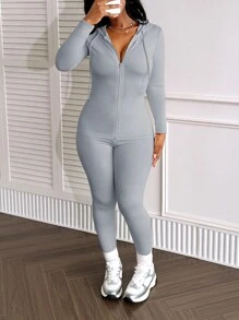 LovelyWholesale 2pcs Women Casual Hooded Long Sleeve Drawstring Zip Up Top And Slim Fit Pants Set, Autumn - Grey - View 2