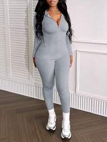 LovelyWholesale 2pcs Women Casual Hooded Long Sleeve Drawstring Zip Up Top And Slim Fit Pants Set, Autumn - Grey - View 7