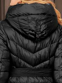 ZIAI 1pc Solid Color Hooded Waisted Long Sleeve Padded Coat, Winter, Ladies Winter Casual Belted, Pocket, Zipper Regular Sleeve Hooded Regular Fit Black Plain Women Padded Coats, Winter Warmth/ Winter Fashion - Black - View 10