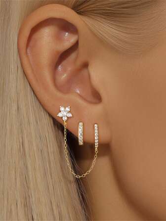 2 pièces Ensemble de boucles d'oreilles en argent sterling 925 avec étoile, fleur, cœur et marquise en cubique zirconia. Boucles d'oreilles pour percées du cartilage, boucles d'oreilles oreille, mini clous. Bijoux raffinés pour femmes, port quotidien, mariage, Saint-Valentin