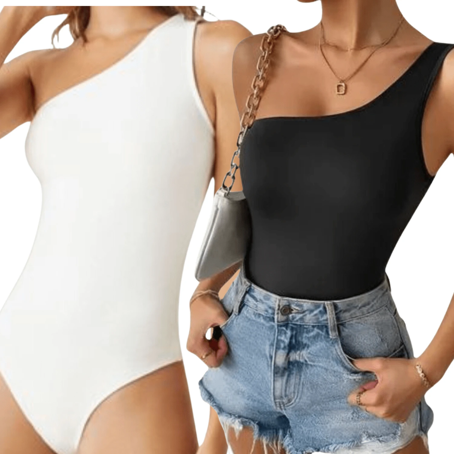 KIT 2 Women's Suplex Mula Manca Bodysuit With Lining Thin Strap One Shoulder - HITAM DAN PUTIH - View 1