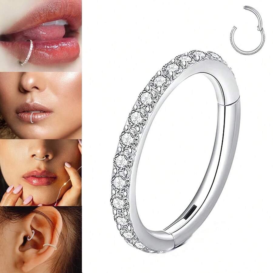 1PC 16G Clear CZ Lip Ring Hoop Stainless Steel Hypoallergenic Black Cubic Zirconia Hinged Segment Nose Ring 18K Gold Plated Cartilage Hoop Rook Tragus Rings Hoops Conch Daith Helix Earrings Piercing Jewelry 6mm 8mm 10mm Earlobe Earring Belly Ring Nipple Ring Decoration Women And Men Body Pierecing Jewelry - N023 - View 1