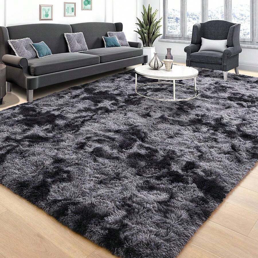 Soft Shag Rugs For Bedroom, Black And Grey Fluffy Shaggy Rugs For Living Room, Luxury Modern Plush Carpet Girls Boys Room Dorm Indoor Home Decor, Upgrade Non-Slip