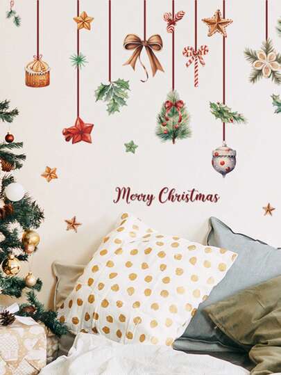圣诞节现代沙发客厅背景装饰墙贴，圣诞松果球松树蝴蝶结球绿植花篮墙壁装饰墙贴，适合室内墙壁装饰，派对装饰