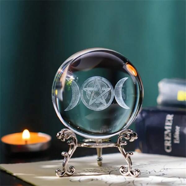 Enchanting 60Mm Triple Moon Goddess Crystal Ball - Laser-Engraved Glass With Silvery Stand For Divination, Meditation & Home Decor - Perfect For Halloween, Valentine's, Thanksgiving & Graduation Best Gifts Birthday