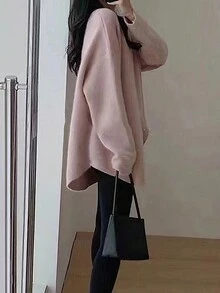 Áo len oversize vai trễ vai trơn, tay áo ba phần tư - Hồng - Xem 2