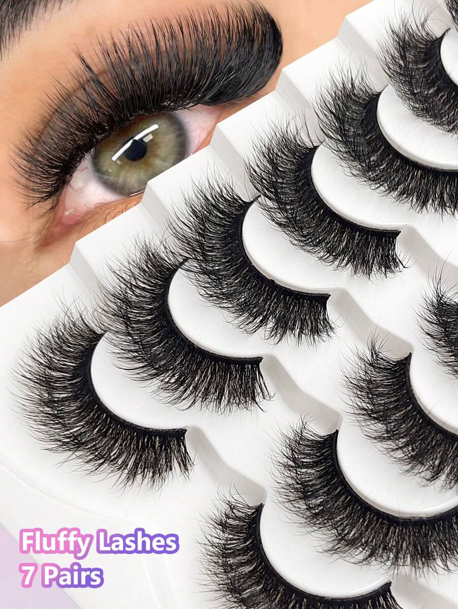 Asiteo 7 Pairs Fluffy Thick Faux Mink Eyelashes Natural Look Full Strip Dramatic Lashes For Makeup - High-Quality, Reusable - 黑色 - 查看 1