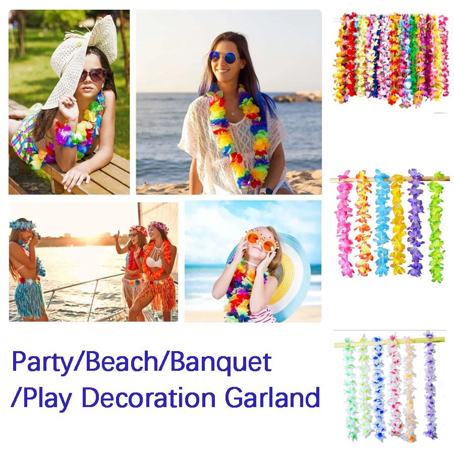 1 套 6 件随机混合颜色夏威夷人造花项链夏威夷主题派对花环，夏季海滩婚礼生日派对户外玩耍万圣节圣诞装饰花环 - 彩色 - 查看 1