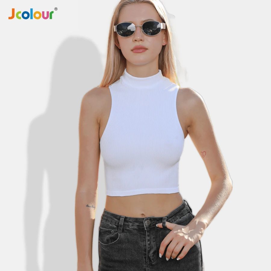 J COLOUR Women's Basic T-Shirt, High Neck, Ribbed, Slim Fitness For Gym, Yoga Workout - trắng - Xem 1