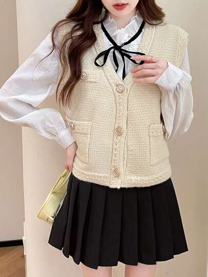 Feminino decote em v profundo botão bolso sem mangas cor sólida elegante simples elegante cardigan colete