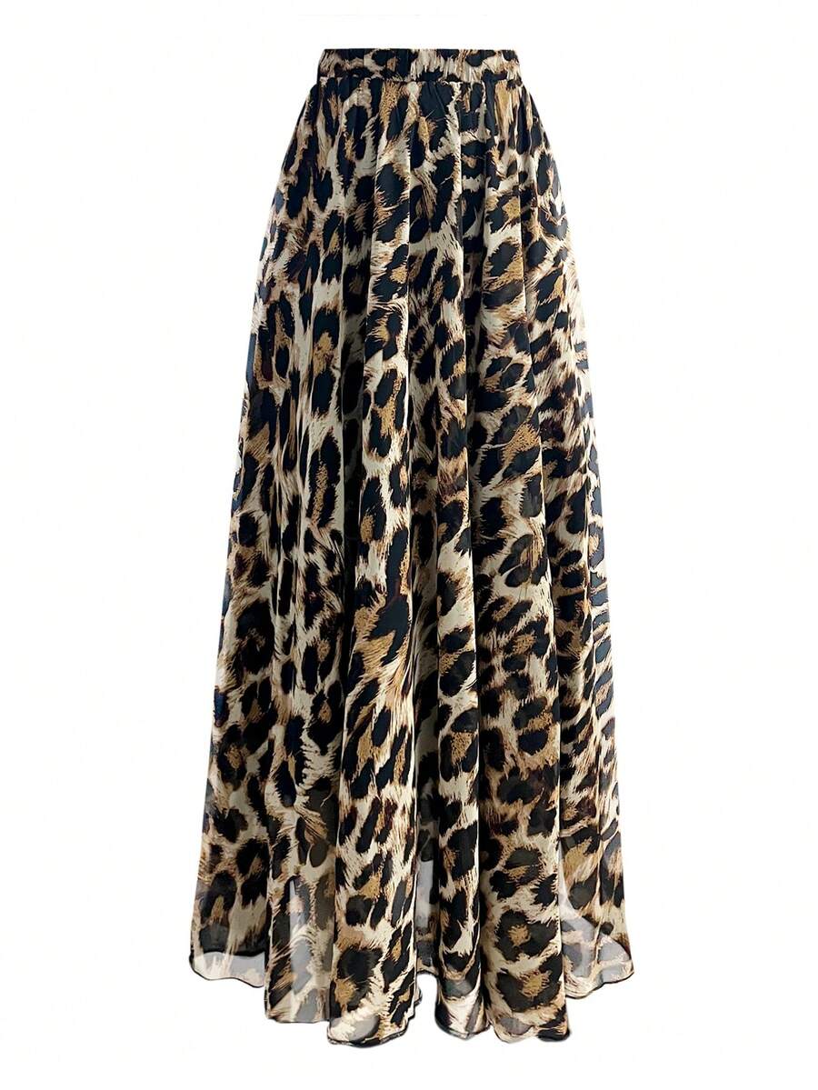 Women's Chiffon Printed Elastic Waist Long Casual Leopard Print Skirt - Yellow - View 1