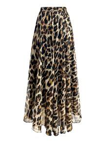 Women's Chiffon Printed Elastic Waist Long Casual Leopard Print Skirt - Yellow - View 3