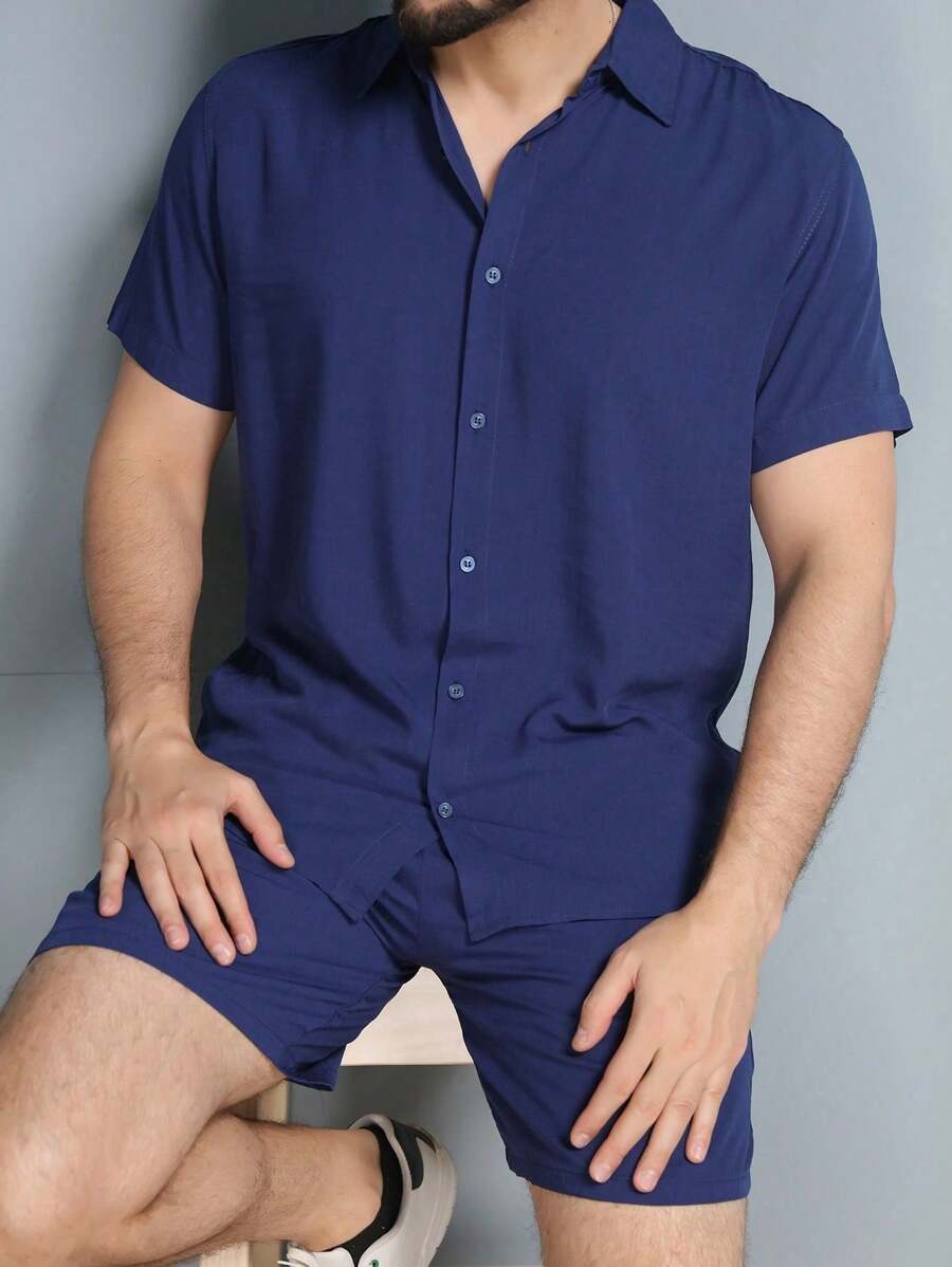 Hawaiian Floral Print Striped Shirt And Short Set For Men Adults In Viscose Fabric - Màu xanh lam - Xem 1
