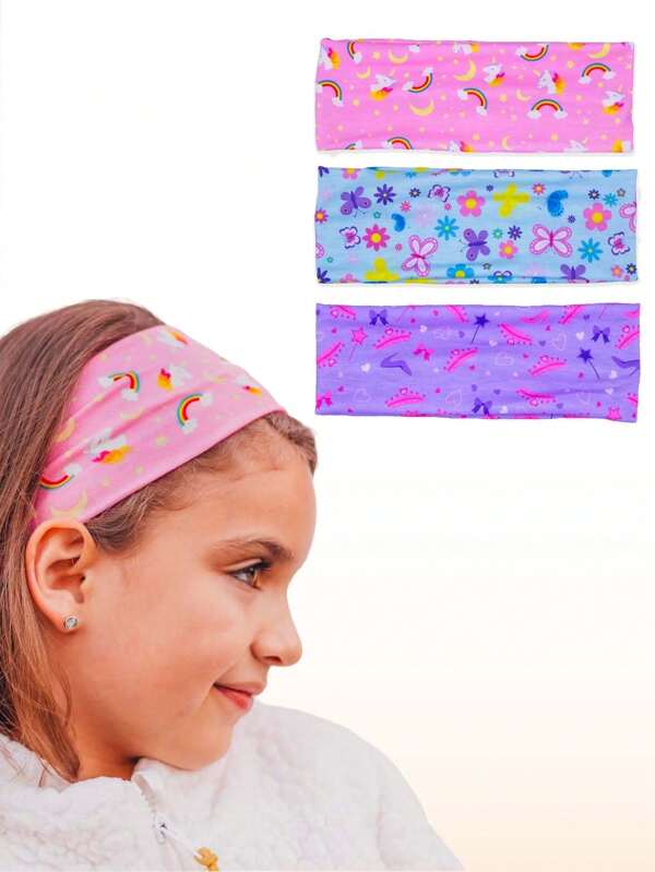 3pcs/Set Wide Headbands For Girls, Elastic Hair Bands For Kids, Soft Fabric Stretch Hair Accessories For Children, Cute Sports Yoga Girl Headband (Unicorn Butterfly Princess)