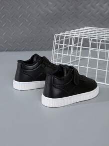 Toddler Boy White Solid Color Sport Shoes, Flat Bottom, Spring/Autumn, Suitable For Sports, Party, Holiday, Casual Wear With Hook And Loop & Elastic - Black - View 5