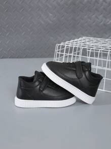 Toddler Boy White Solid Color Sport Shoes, Flat Bottom, Spring/Autumn, Suitable For Sports, Party, Holiday, Casual Wear With Hook And Loop & Elastic - Black - View 1