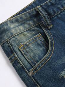 Quần Jeans Denim Ống Thẳng Rách Cổ Điển Cho Bé Trai Tuổi Teen, Xanh Đậm - Rửa tối - Xem 5