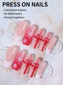 24 件方形圣诞蝴蝶结、雪花、闪光设计法式尖头按压指甲中号完美贴合亚克力假指甲套装，包含 1 件果冻胶和 1 件指甲锉，法式尖头指甲适合女士和女孩参加派对、舞会或节日使用美甲用品指甲 - 彩色 - 查看 2