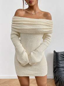 Women's Thick Shoulder Exposed Knitted Sweater Dress, Fluffy Long Sleeve Bodycon Mini Dress, Sexy And Elegant Ladies Dress