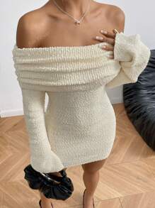 Women's Thick Shoulder Exposed Knitted Sweater Dress, Fluffy Long Sleeve Bodycon Mini Dress, Sexy And Elegant Ladies Dress