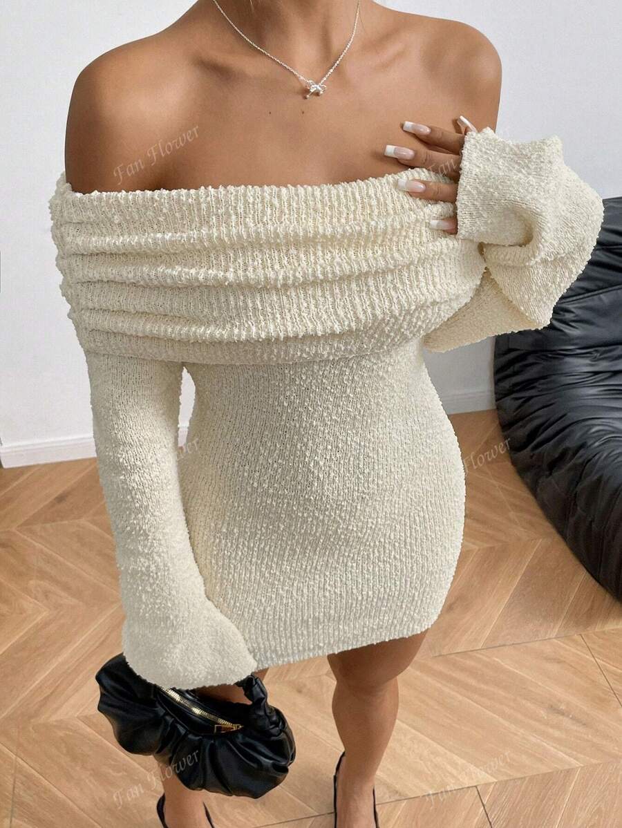 Women's Thick Shoulder Exposed Knitted Sweater Dress, Fluffy Long Sleeve Bodycon Mini Dress, Sexy And Elegant Ladies Dress