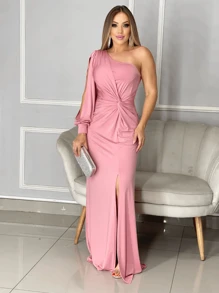 Long Dress With Sleeves For Bridesmaid Wedding Graduation Light Party - Rusty Rose - View 1