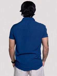 Linen Shirt Short Sleeve Formal Summer Fresh Italian Collar Elegant In Visco-Linen - Blue - View 6