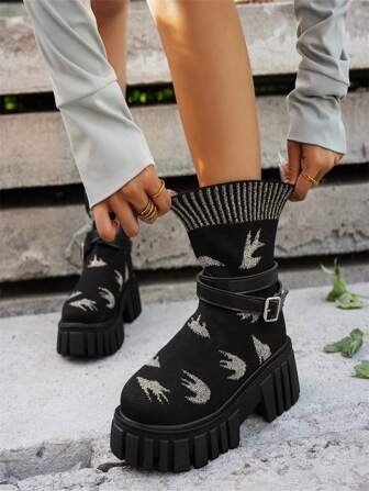 Women's Minimalistic Knitted Ankle Boots, Elastic Fabric Shaft Non-Binding, Winter Shoes, Women Boots