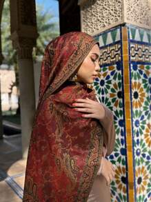 1条女士围巾，波西米亚风流苏头巾，时尚复古佩斯利花纹发带，休闲优雅防晒围巾披肩，适合日常佩戴和节日送礼 - 棗紅 - 查看 8