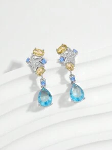 1 Pair New Luxury S925 Sterling Silver Fashion Colorful Water Drop Star Shaped Long Earrings With Sparkling Zirconia, Elegant Glamorous Jewelry Gift For Wedding Party