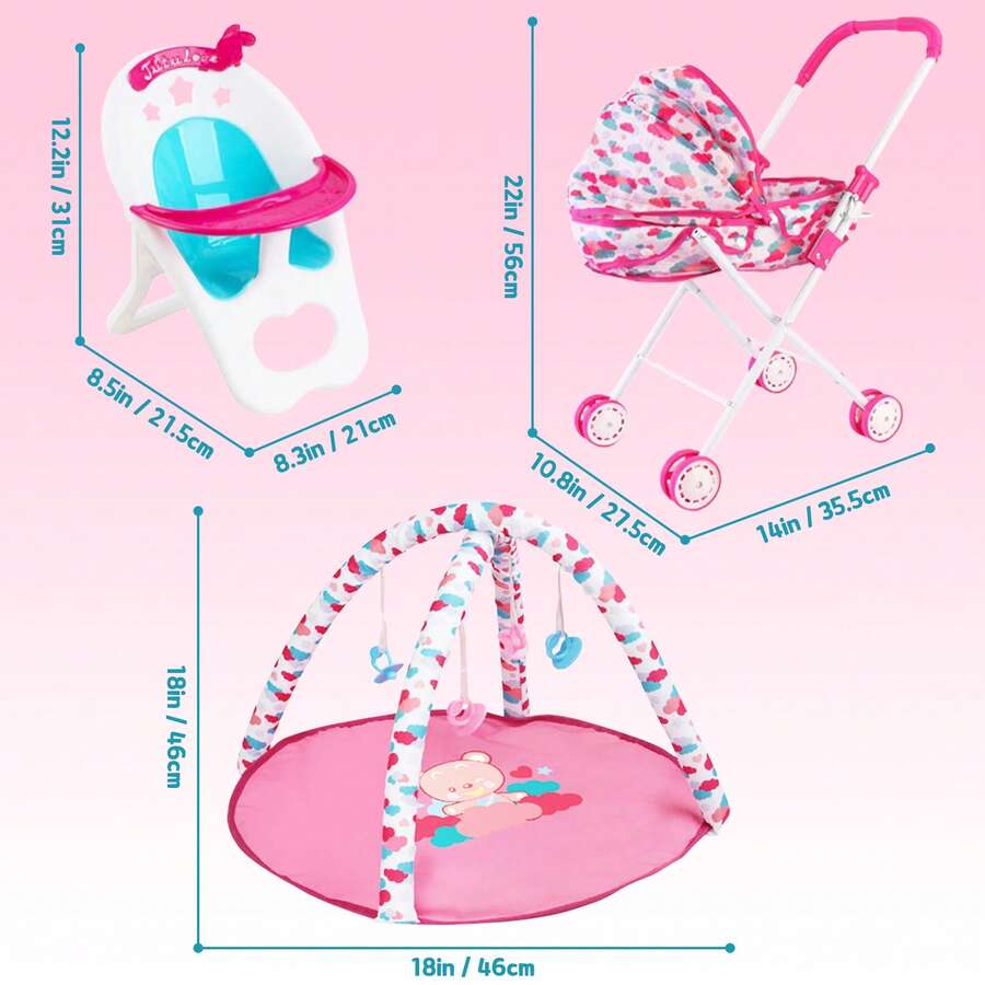Baby Doll Stroller Set With Nursery Accessories High Chair, Play Mat