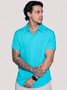 Linen Shirt Short Sleeve Formal Summer Fresh Italian Collar Elegant In Visco-Linen - Baby Blue - View 2