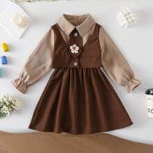女童公主灯芯绒拼布连衣裙，学院风，秋冬 - 卡其色 - 查看 1