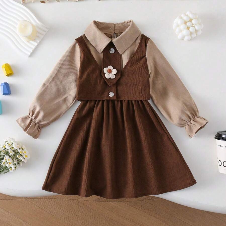 女童公主灯芯绒拼布连衣裙，学院风，秋冬 - 卡其色 - 查看 1