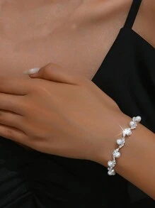 1 Set Fashionable Minimalist Wedding Jewelry Faux Pearl & Diamante Necklace, Earrings, Bracelet Suit For Women Wedding Party