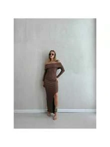 Long Dress With Slit Off The Shoulder - 咖啡棕 - 查看 2