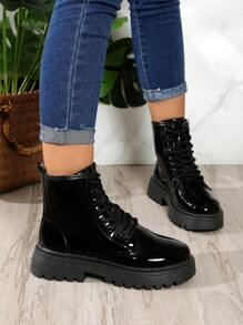 Women's Flat Combat Boots, Versatile Round Toe Lace-Up Ankle Boots, Minimalist Lace-Up Motorcycle Boots