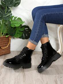 Women's Flat Combat Boots, Versatile Round Toe Lace-Up Ankle Boots, Minimalist Lace-Up Motorcycle Boots