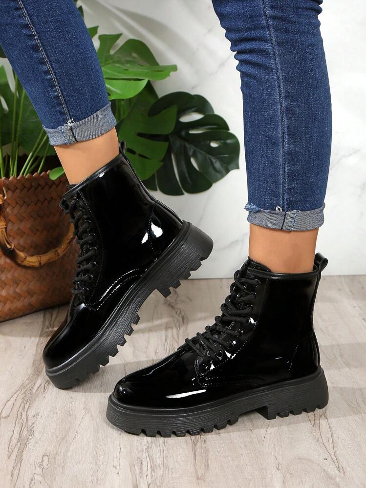 Women s Flat Combat Boots Versatile Round Toe Lace Up Ankle Boots Minimalist Lace Up Motorcycle Boots SHEIN USA