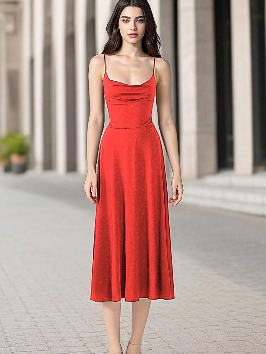 Solid Color Pleated Waist Tie Strap Cami Dress