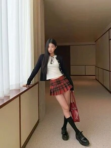 棕黑色格子百褶A字高腰裙，修身显瘦，适合上学、通勤，日系学生风春季红色 - 紅色 - 查看 4