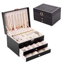 Hộp đựng trang sức dung tích lớn có khóa 3 lớp, hộp đựng trang sức di động, hộp đựng trang sức tủ quần áo có ngăn kéo, hộp đựng trang sức bằng da làm quà tặng, hộp đựng bao bì trưng bày tinh tế, hộp đựng đồ trong phòng tắm, hộp đựng đồ để bàn có ngăn kéo - màu đen - Xem 12