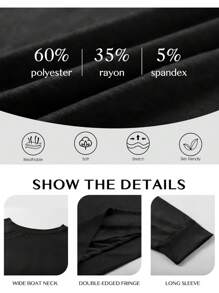 Solid Color Women's Off-Shoulder Long Sleeve Top, Boat Neck Fall And Winter Shirt, Slim-Fit Loose Casual Plus Size Blouse, Sexy Off-Shoulder Loose-Fit Top - 黑色 - 查看 4