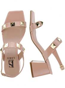 Loris Shoes Oficial Women's Sandal With ABS Block Heel, Pyramid, Studded Back, Buckle 18-415 - 裸體 - 查看 6