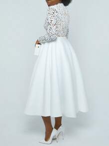 Springfield Abito Midi Con Pizzo A Contrasto - Maniche Lunghe A Sbuffo, Scollo A V, Stampa Floreale Bicolore. Vestito Elegante E Romantico Per Donna.